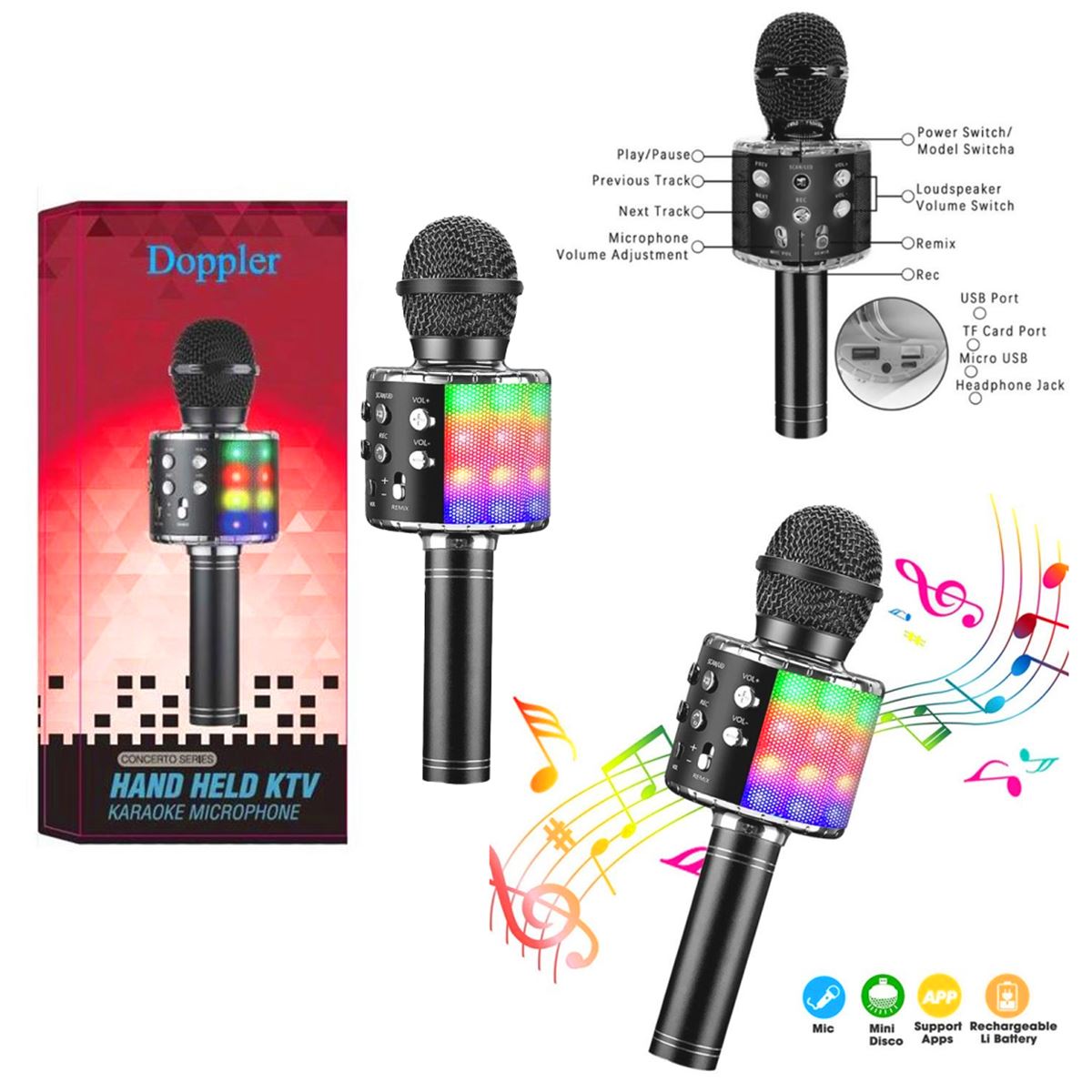 DOPPLER KARAOKE MİKROFON CONCERTO RGB LED SES DEĞİŞTİRME KAYIT ÖZELLİKLİ 1