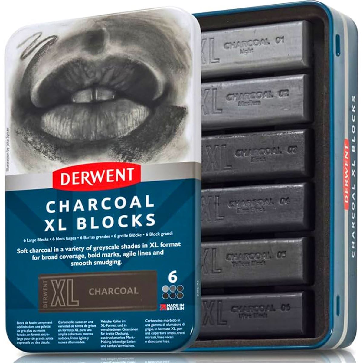 DERWENT CHARCOAL XL KÖMÜR BLOCKS 6 RENK METAL KUTU DW2306196 1