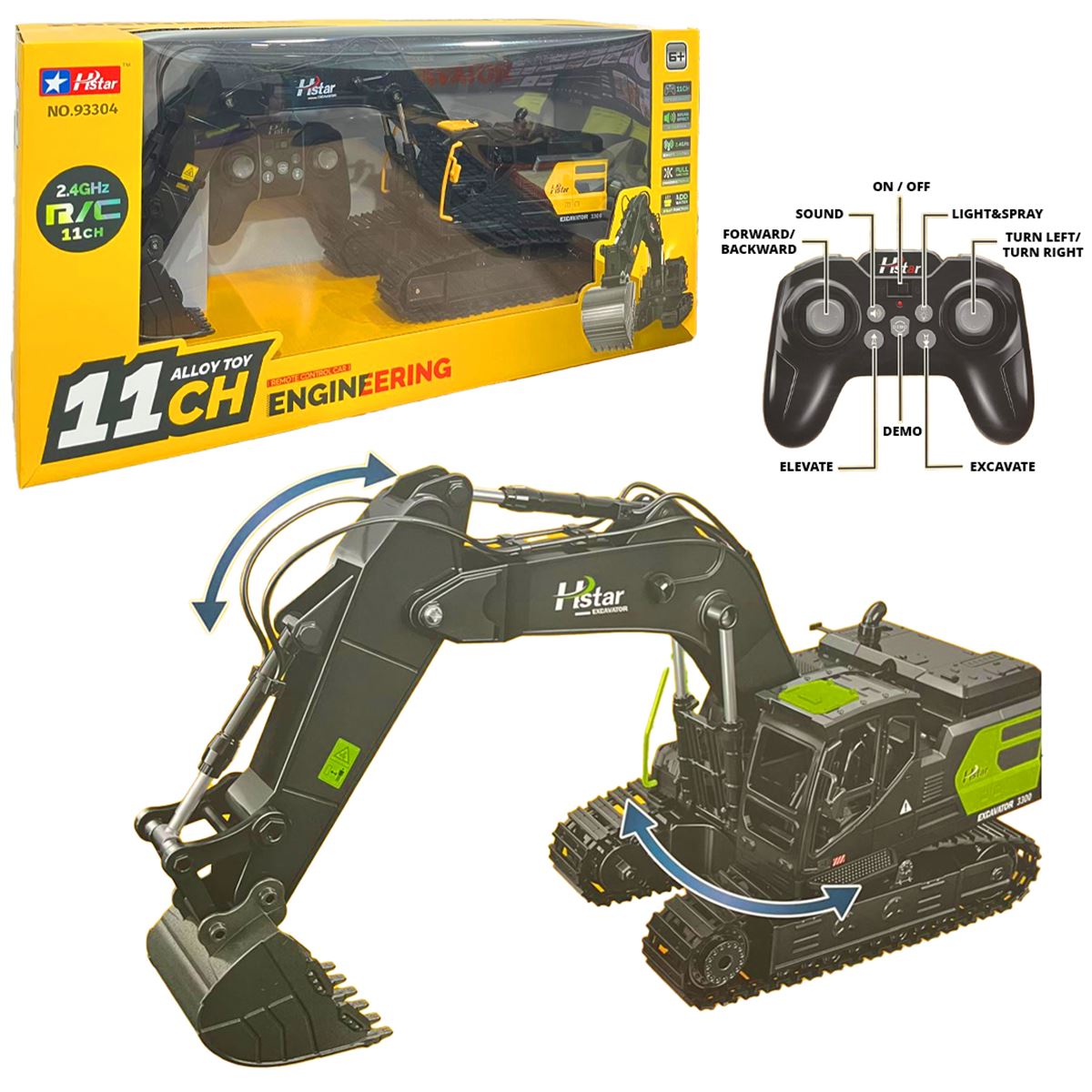 HSTAR KUMANDALI İŞ MAKİNESİ KEPÇE 93304-93308 11CH R/C F/F 2.4GHZ 1:12 SU PÜSKÜRTME SESLİ ŞARJLI 6+ 1