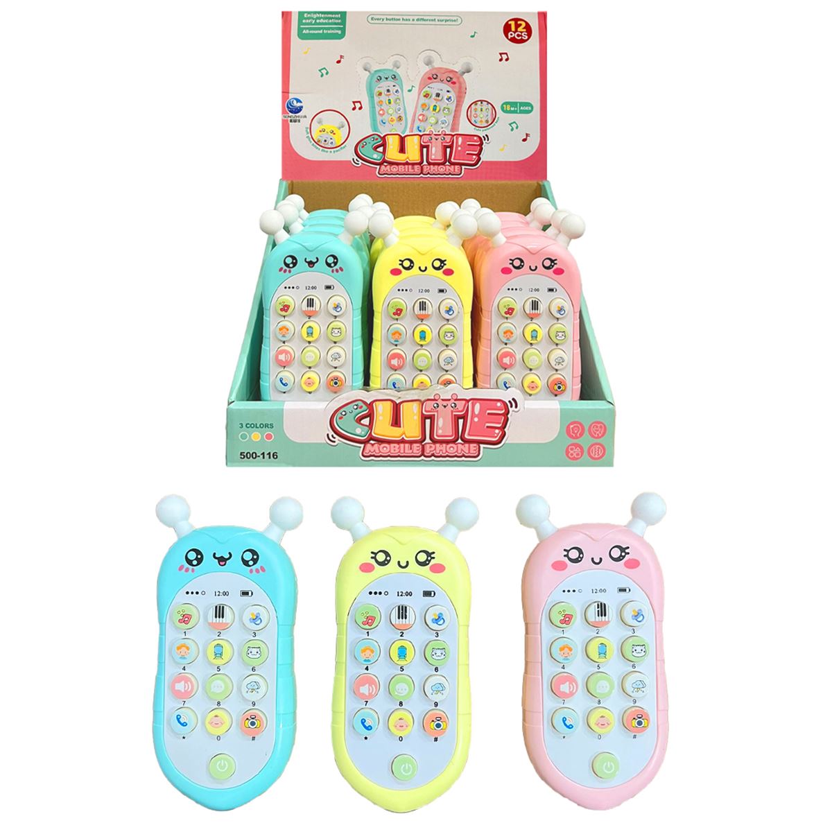 AKZ SEVİMLİ TELEFON 0811-6 MÜZİKLİ PİLLİ 3 RENK 12 Lİ 18M+ PLASTİK OYUNCAK 1
