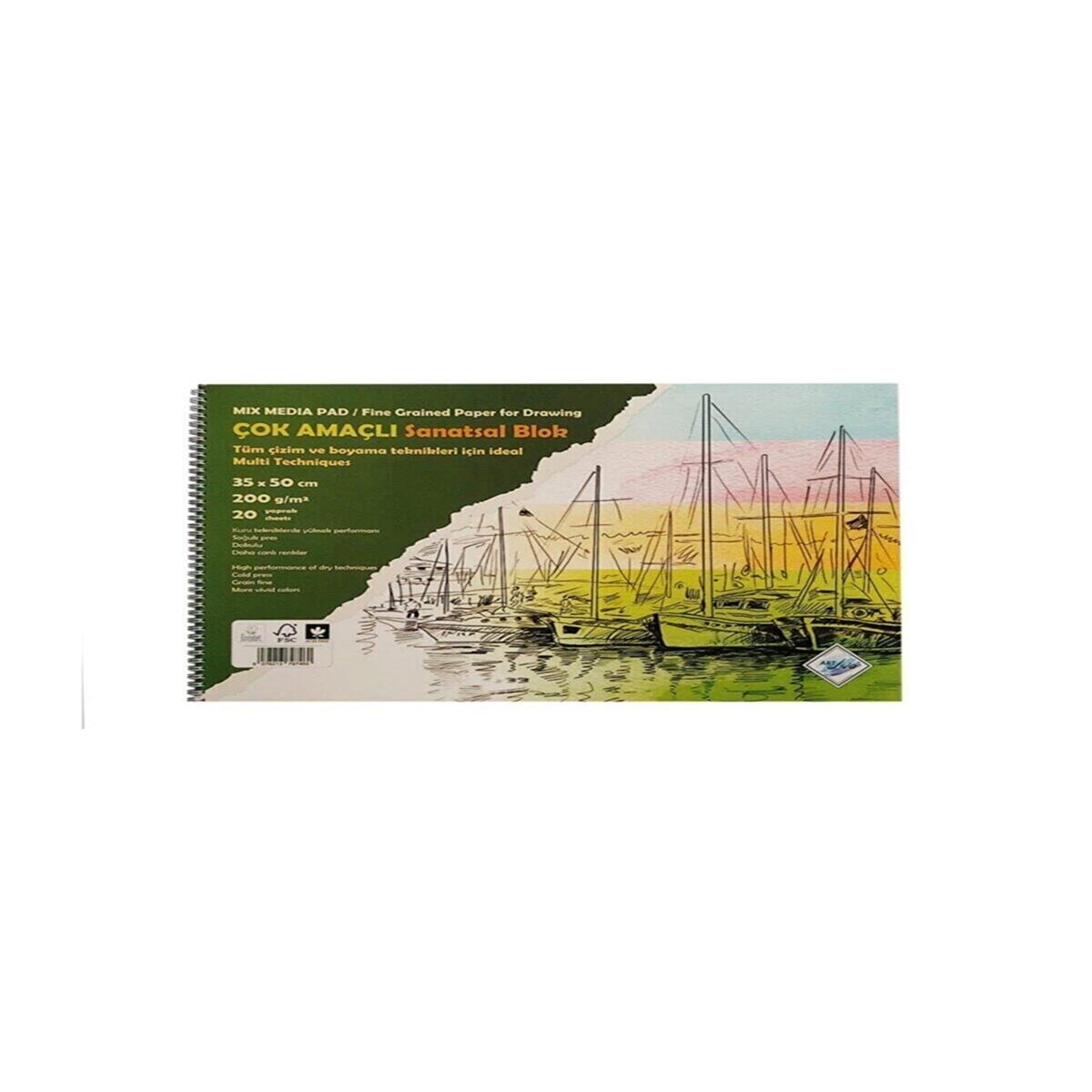 ART LİVA RESİM DEFTERİ 200 GR KARTON KAPAK SPİRALLİ 35x50 MULTİ TEKNİK DOKULU 20 YP SD-106 1