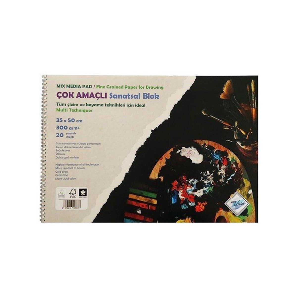 ART LİVA RESİM DEFTERİ 300 GR KARTON KAPAK SPİRALLİ 35x50 SULU TEKNİK DOKULU 20 YP SD-204 1