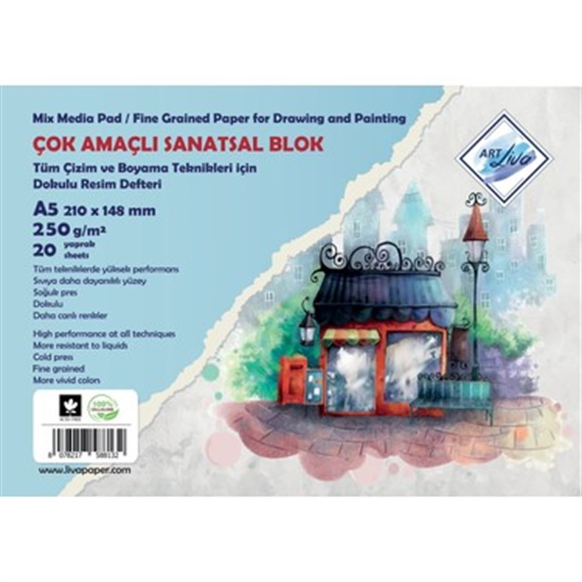 ART LİVA RESİM DEFTERİ 250 GR KARTON KAPAK SPİRALLİ A5 SULU TEKNİK DOKULU 20 YP SD-208 1