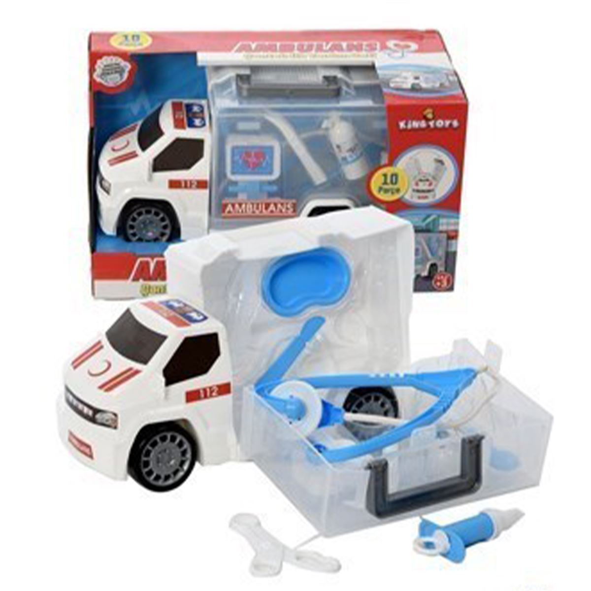 KİNG TOYS SÜRTMELİ KAMYON MRT-66 AMBULANS ARACI ÇANTALI 10 PARÇA 3+ 1
