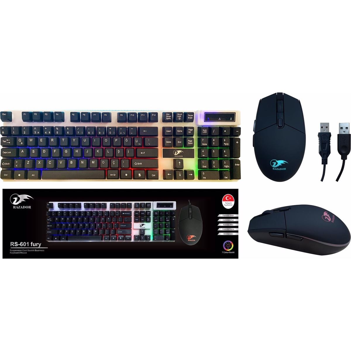 RAZADOR KLAVYE Q + MOUSE RS-601 FURY USB KABLOLU GÖKKUŞAĞI AYDINLATMALI 1
