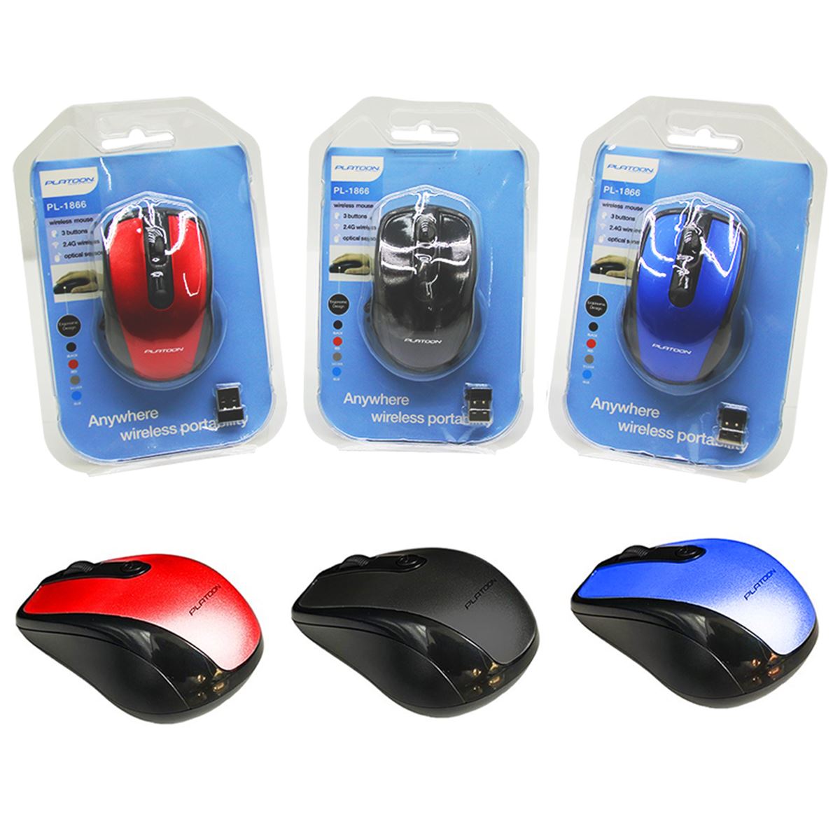 PLATOON KABLOSUZ MOUSE PL-1866 SİYAH -MAVİ - GÜMÜŞ - KIRMIZI 1