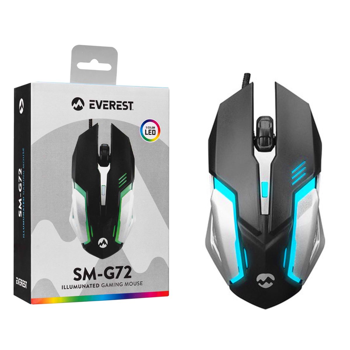EVEREST KABLOLU MOUSE SM-G72 OYUNCU TİP IŞIKLANDIRMALI SİYAH GÜMÜŞ 1