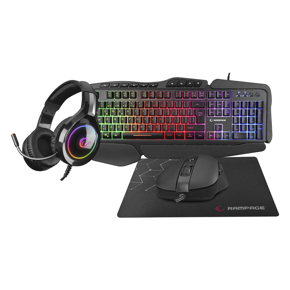 RAMPAGE KLAVYE Q + MOUSE + KULAKLIK + PAD KM-4-1 MEEPO PLUS SİYAH USB KABLOLU GÖKKUŞAĞI AYDINLATMALI 1