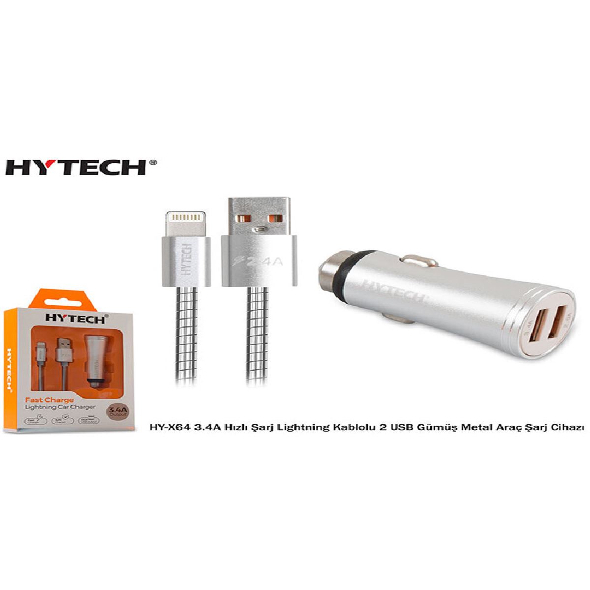 HYTECH ARAÇ ŞARJ CİHAZI HY-X64 LİGHTNİNG 2 USB ÇİFT ÇIKIŞLI GÜMÜŞ METAL 1