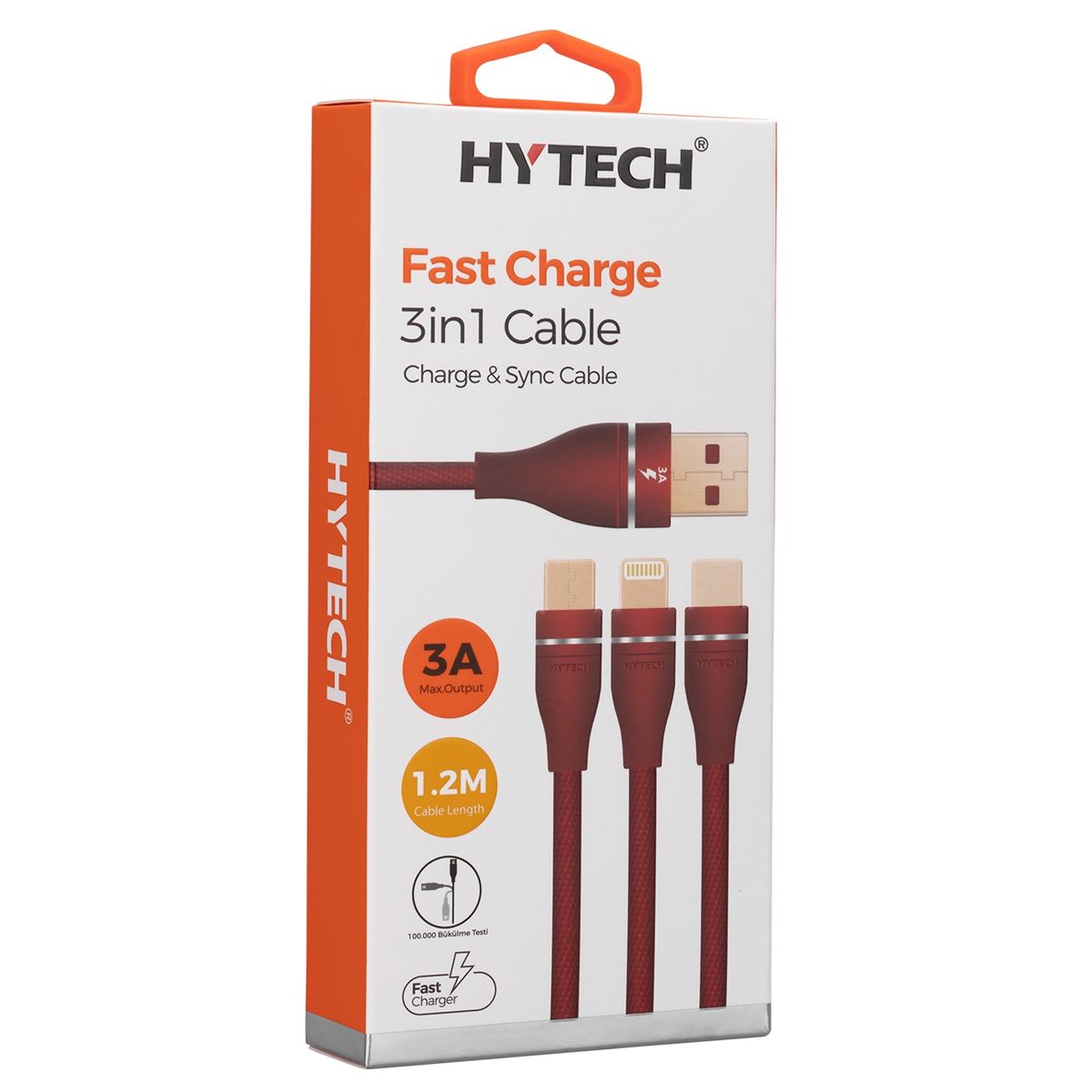 HYTECH ŞARJ KABLOSU HY-X505 MİCRO USB LİGHTNİNG TYPEC 3 İN 1 KIRMIZI 1