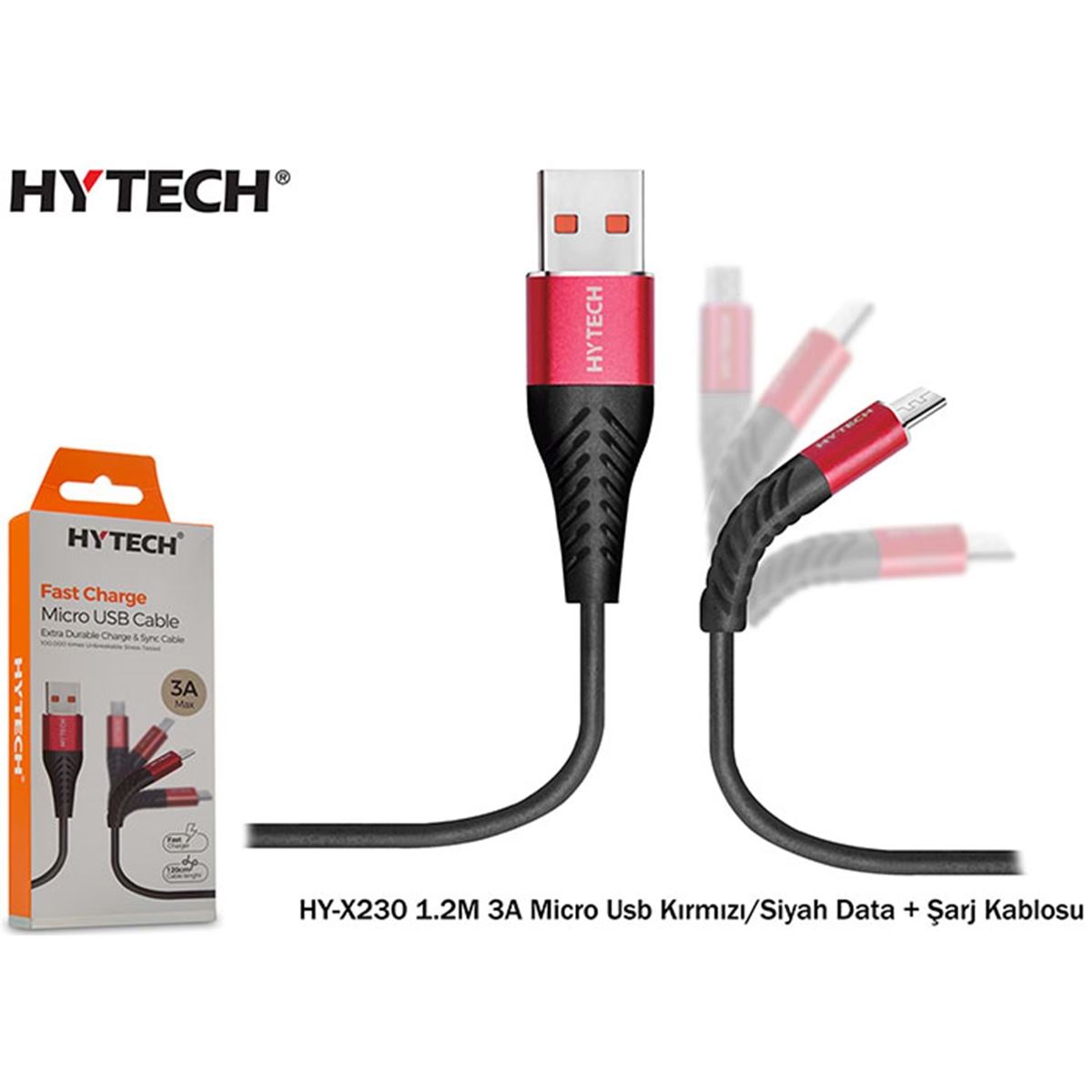 HYTECH DATA-ŞARJ KABLOSU HY-X230 MİCRO USB KIRMIZI-SİYAH 1