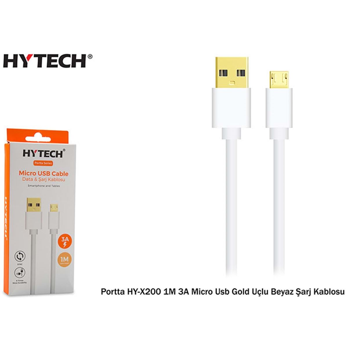 HYTECH DATA-ŞARJ KABLOSU HY-X200 MİCRO USB GOLD UÇLU BEYAZ 1