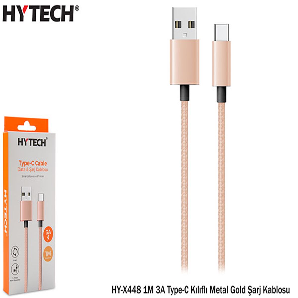 HYTECH DATA-ŞARJ KABLOSU HY-X248 3A MİCRO USB KILIFLI METAL GOLD 1