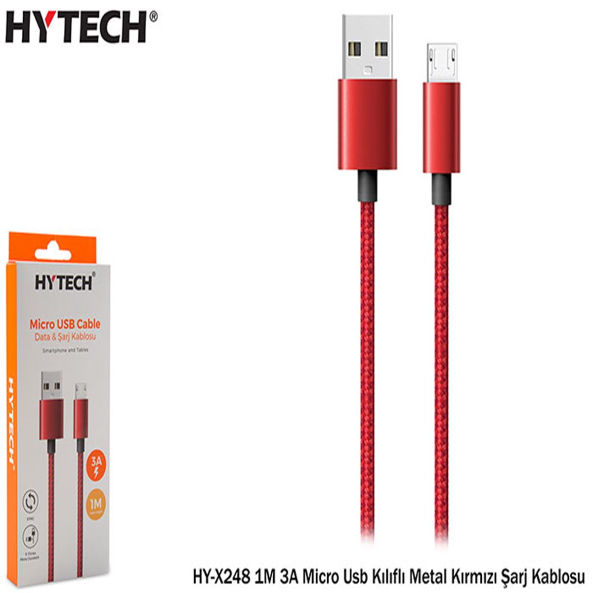 HYTECH DATA-ŞARJ KABLOSU HY-X248 3A MİCRO USB KILIFLI METAL KIRMIZI 1