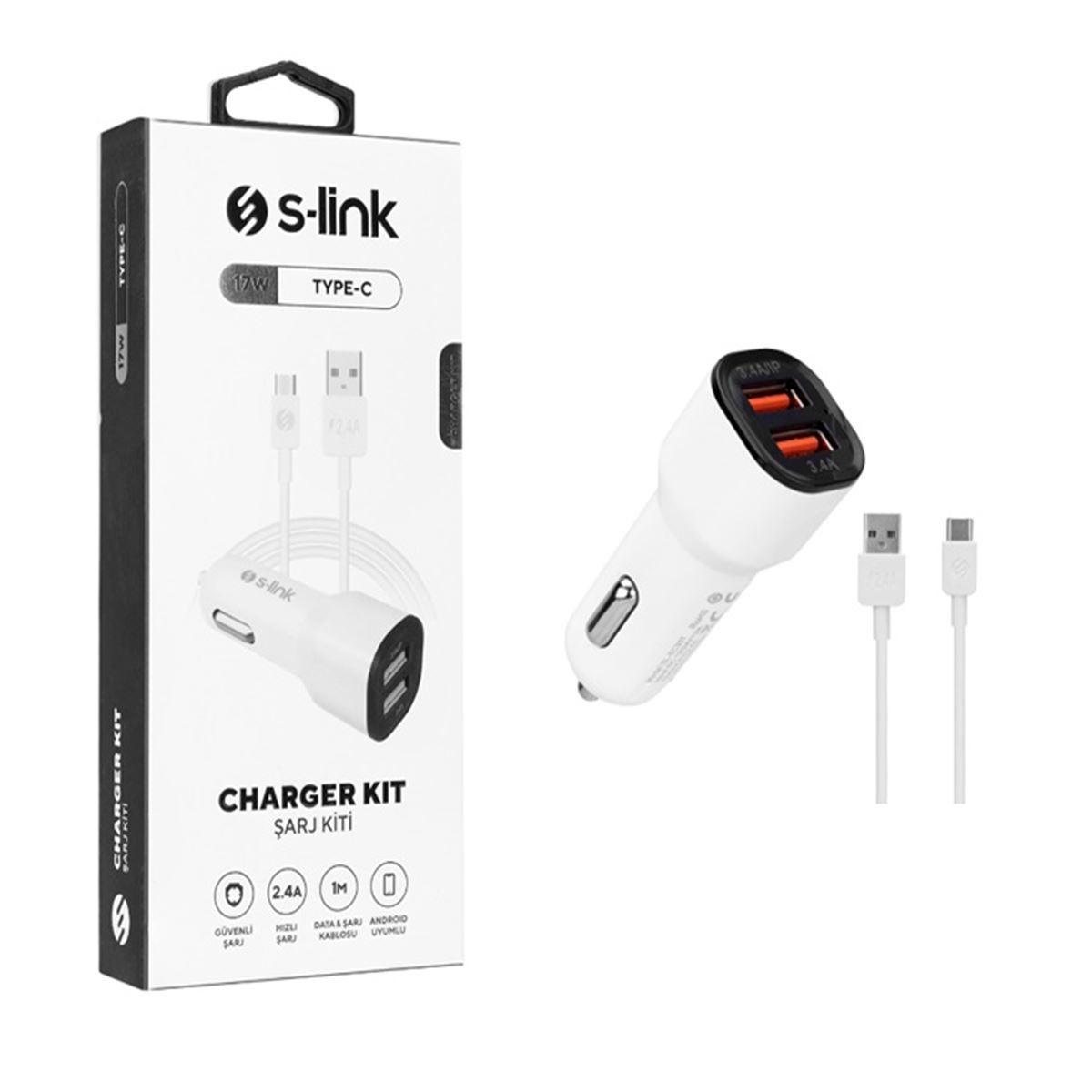 S-LİNK ARAÇ ŞARJ CİHAZI SL-EC30T TYPE-C 2 USB ÇİFT ÇIKIŞLI BEYAZ 1