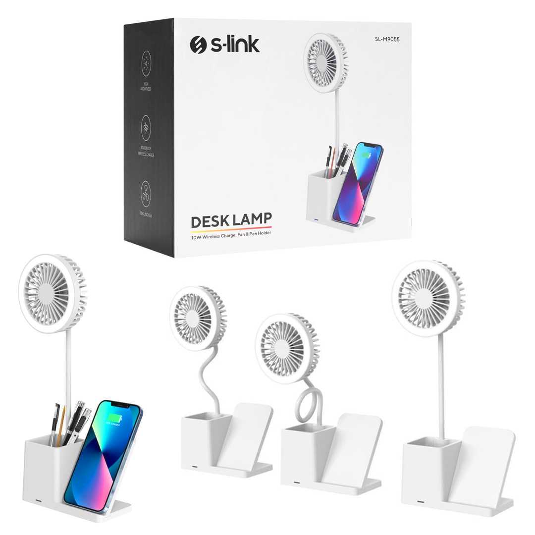 S-LİNK KABLOSUZ ŞARJ CİHAZI SL-M9055 KALEMLİKLİ FANLI LED MASA LAMBASI BEYAZ TYPE-C 10W 1
