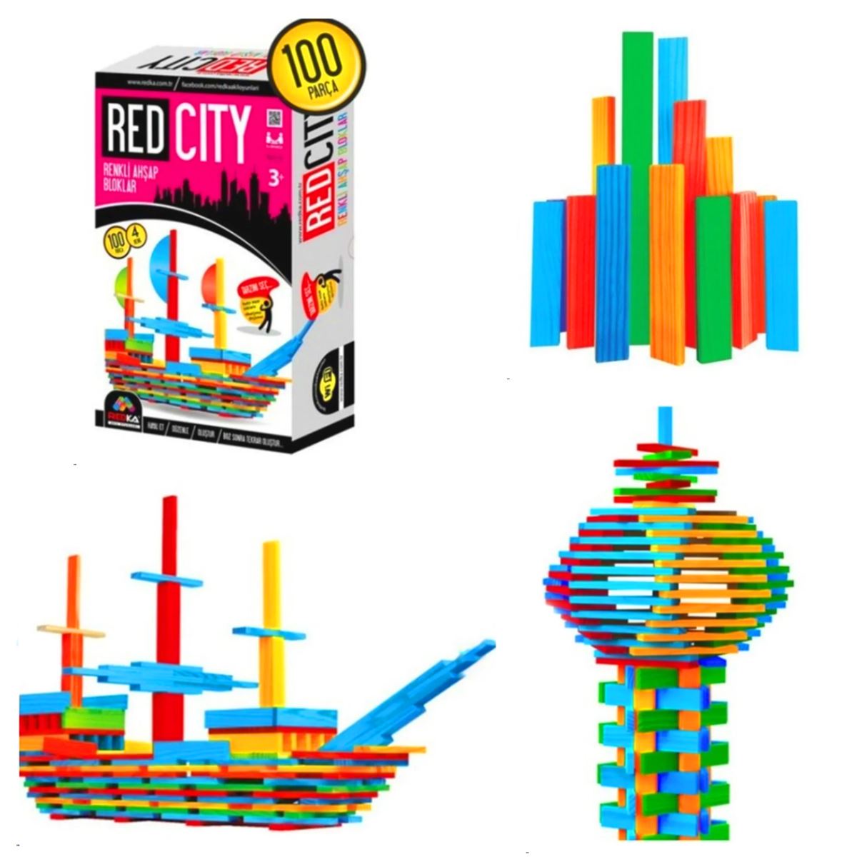 REDKA RED CİTY RD5207 RENKLİ AHŞAP BLOKLAR 100 PARÇA 4 RENK 3+ 1