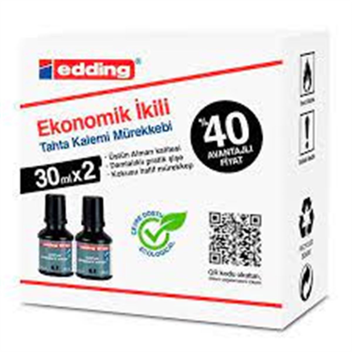 EDDİNG TAHTA KALEM MÜREKKEBİ SİYAH 30 ML 2 Lİ BT30 1