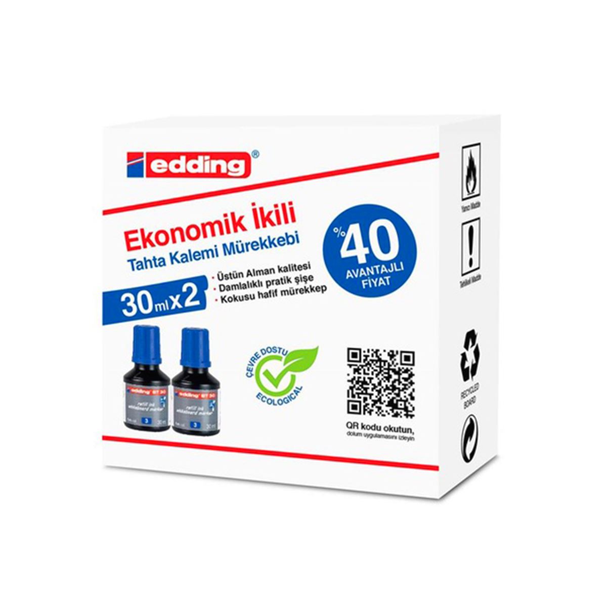 EDDİNG TAHTA KALEM MÜREKKEBİ MAVİ 30 ML 2 Lİ BT30 1