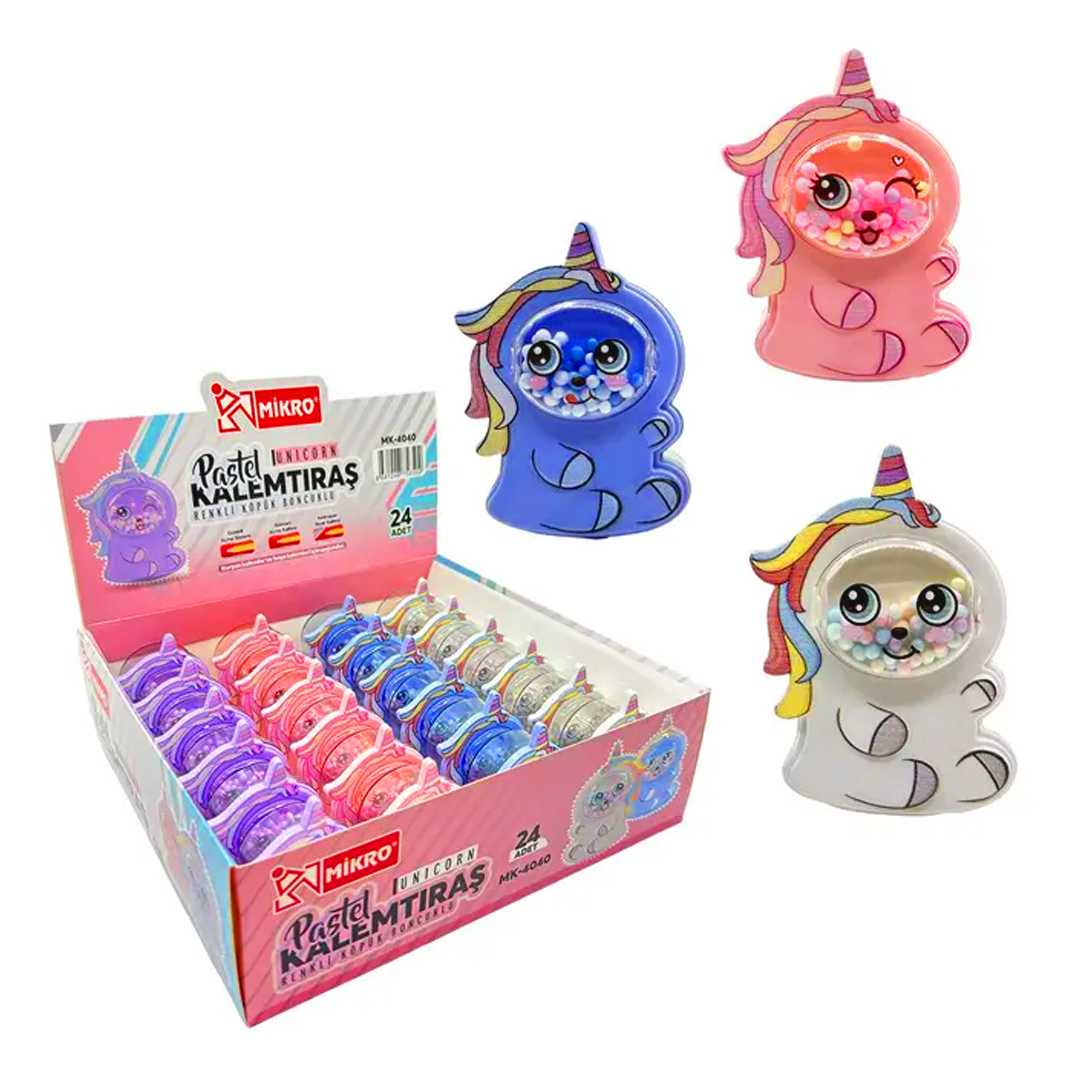 MİKRO KALEMTIRAŞ MK-4040 UNİCORN KÖPÜK BALONCUKLU PASTEL ÇİFT BÖLMELİ 24 LÜ 1