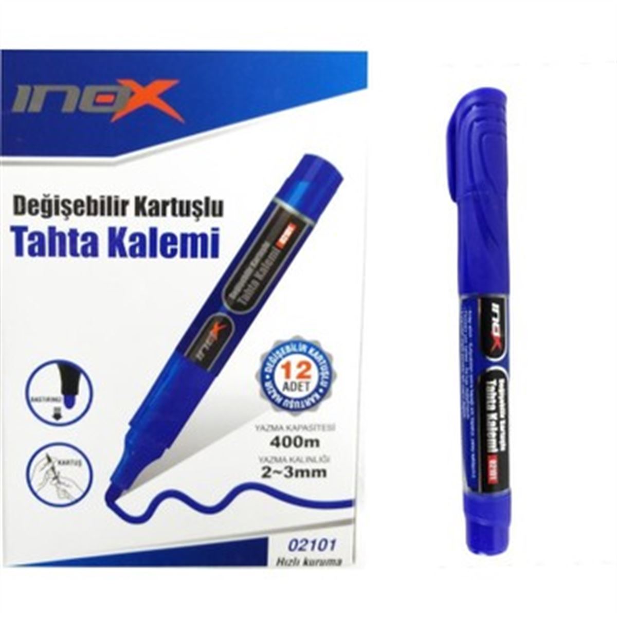 İNOX TAHTA KALEMİ KARTUŞLU MAVİ 12 Lİ 02101 1