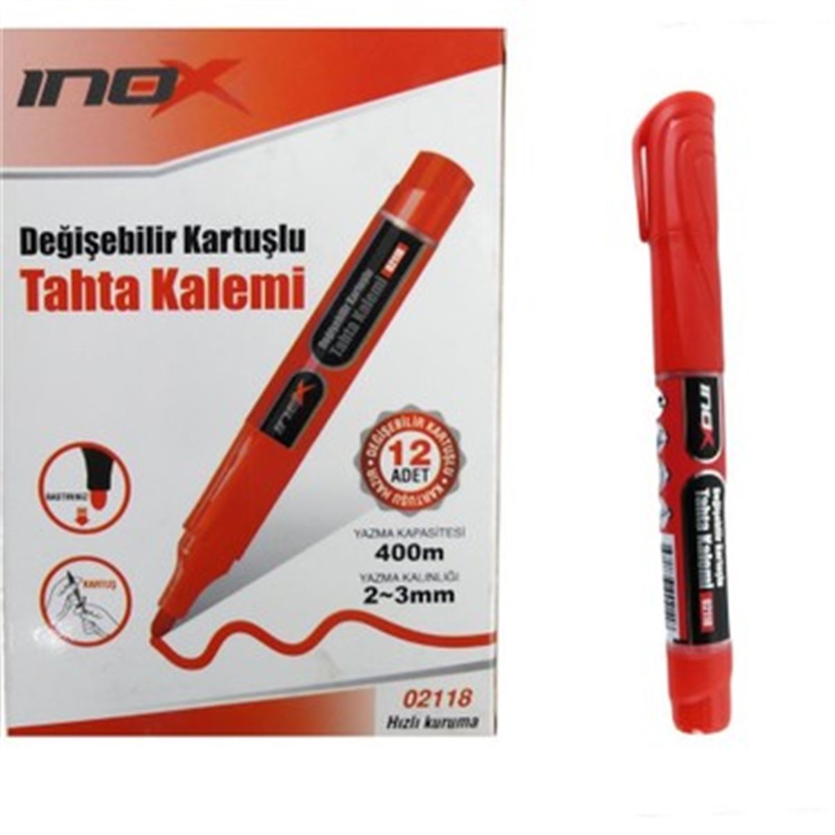 İNOX TAHTA KALEMİ KARTUŞLU KIRMIZI 12 Lİ 02118 1