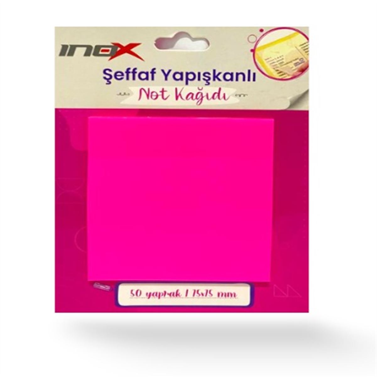 İNOX YAPIŞKANLI NOT KAĞIDI 75x75 ŞEFFAF PEMBE 50 YP 24 LÜ 09667 1