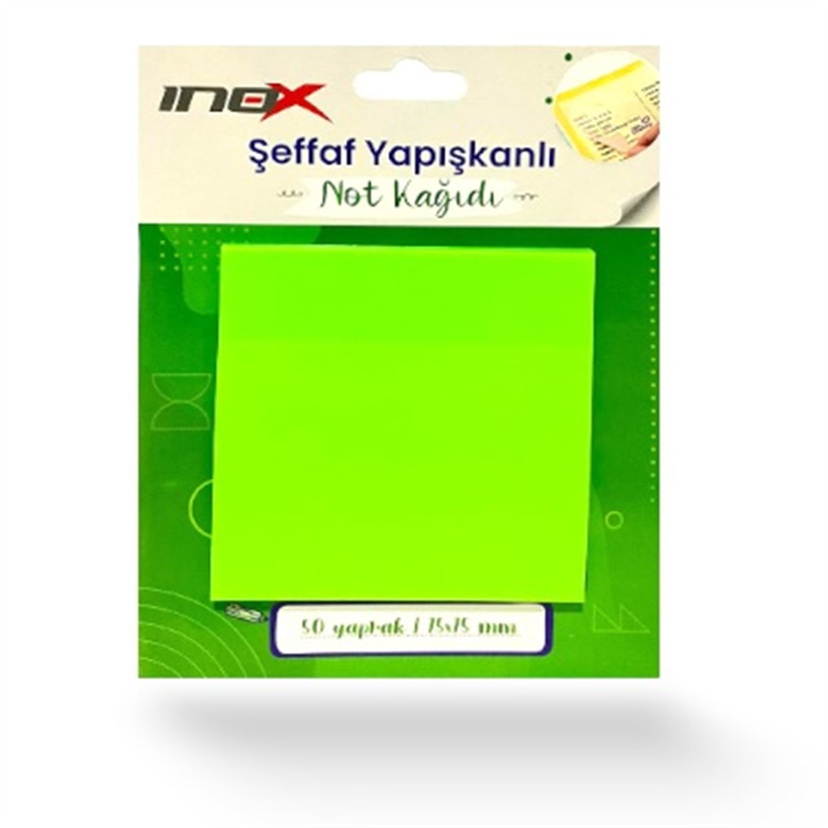 İNOX YAPIŞKANLI NOT KAĞIDI 75x75 ŞEFFAF YEŞİL 50 YP 24 LÜ 09674 1