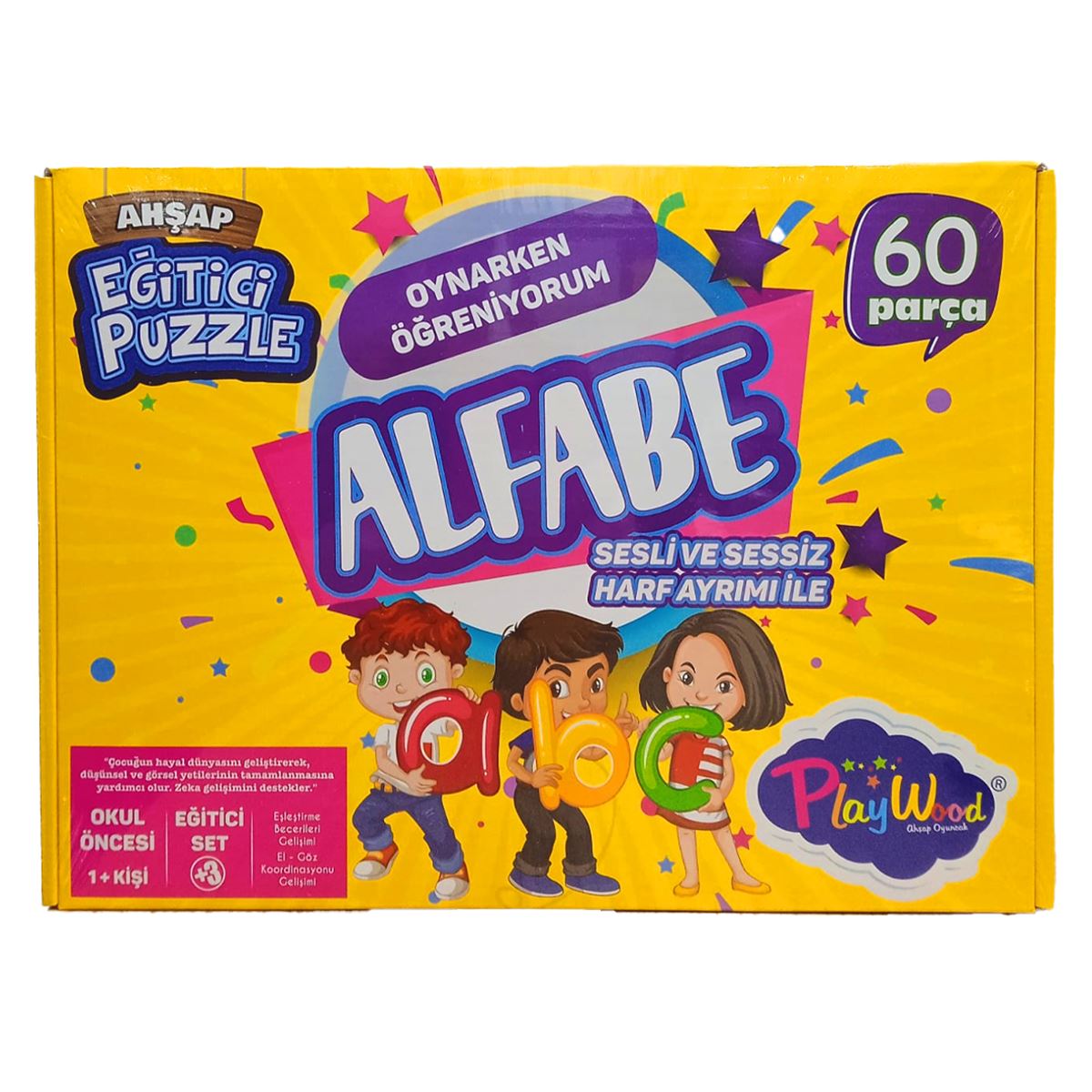 PLAY WOOD AHŞAP EĞİTİCİ PUZZLE ONY-25 ALFABE 60 PARÇA +3 1