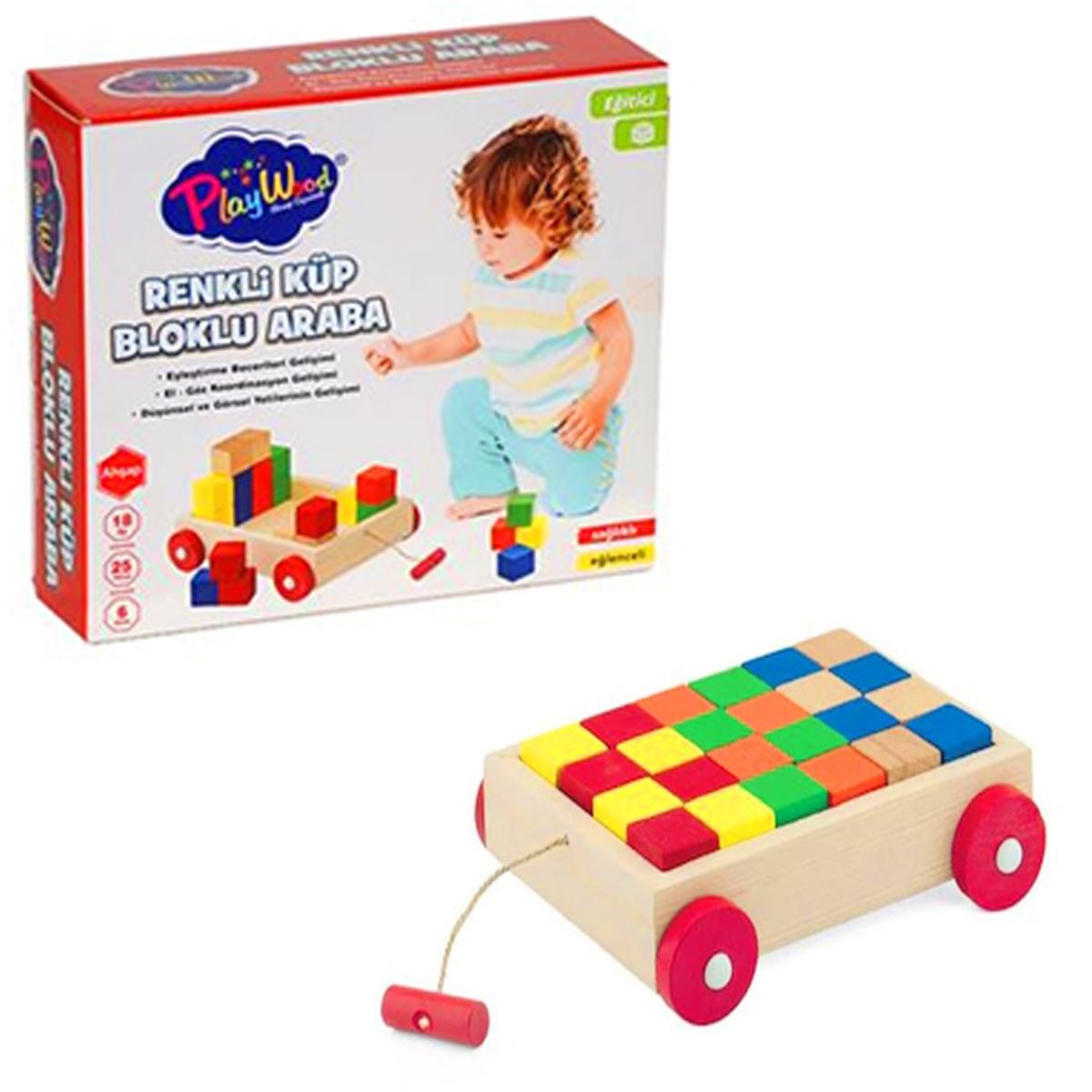 PLAY WOOD AHŞAP RENKLİ KÜP BLOKLU ARABA ONY-312 6 RENK 25 PARÇA 18M+ 1