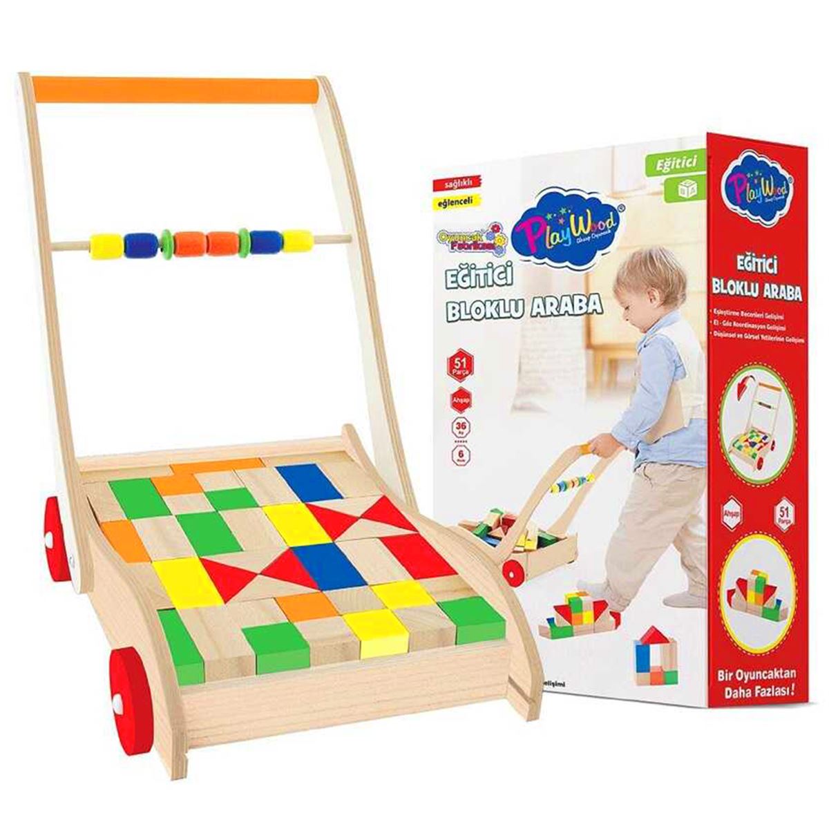 PLAY WOOD AHŞAP EĞİTİCİ BLOKLU ARABA ONY-373 6 RENK 51 PARÇA 36M+ 1
