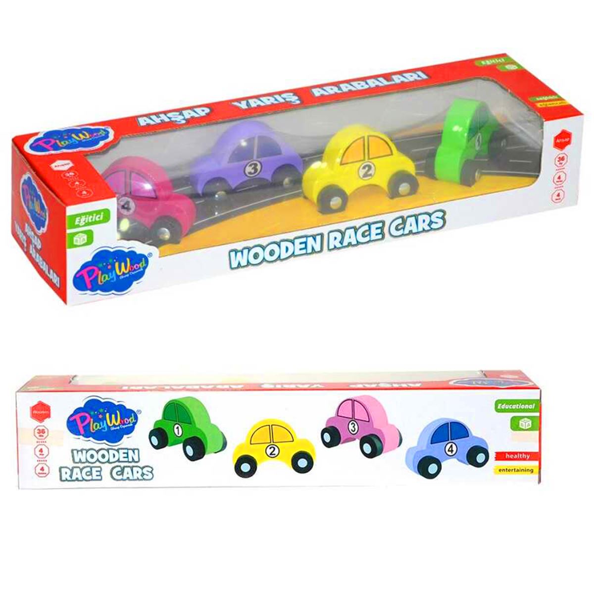 PLAY WOOD AHŞAP YARIŞ ARABALARI ONY-380 4 RENK 4 PARÇA 36+ 1