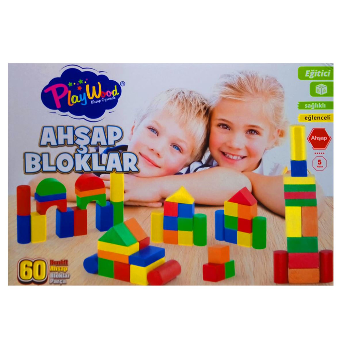 PLAY WOOD AHŞAP BLOKLAR RENKLİ ONY-400 5 RENK 60 PARÇA 10M+ 1
