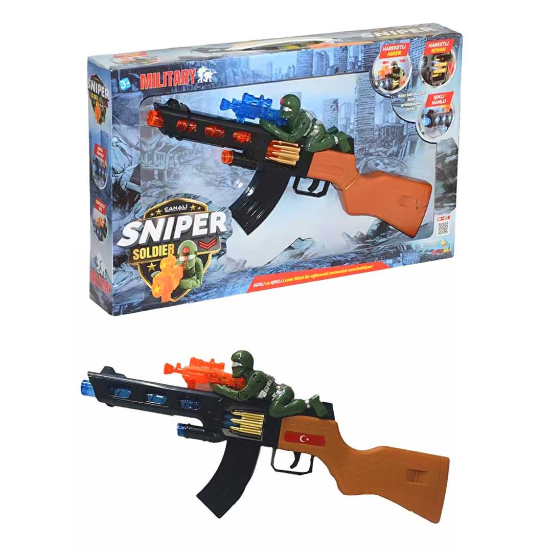 CAN ALİ TOYS SNİPER SOLDİER TÜFEK CNL-3801 HAREKETLİ KOVAN VE ASKER IŞIKLI NAMLU SESLİ PİLLİ 3+ 1