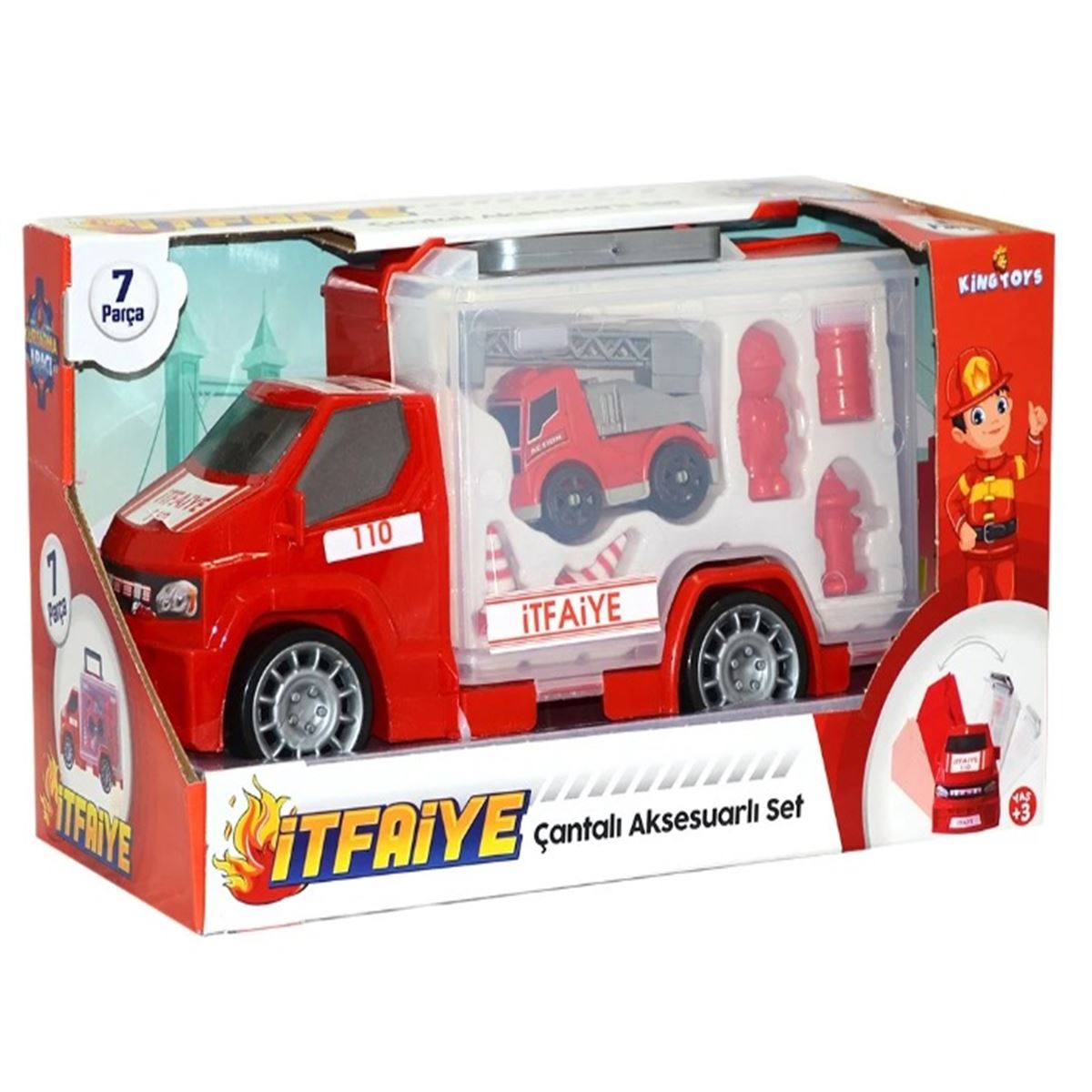 KİNG TOYS SÜRTMELİ MRT-67 İTFAİYE ARACI ÇANTALI 7 PARÇA 3+ 1