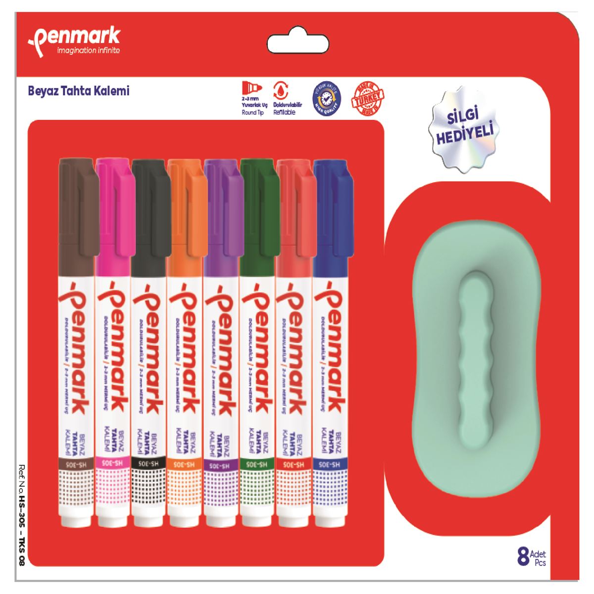 PENMARK TAHTA KALEMİ 8 RENK SİLGİ HEDİYELİ HS-305-TKS-08 1