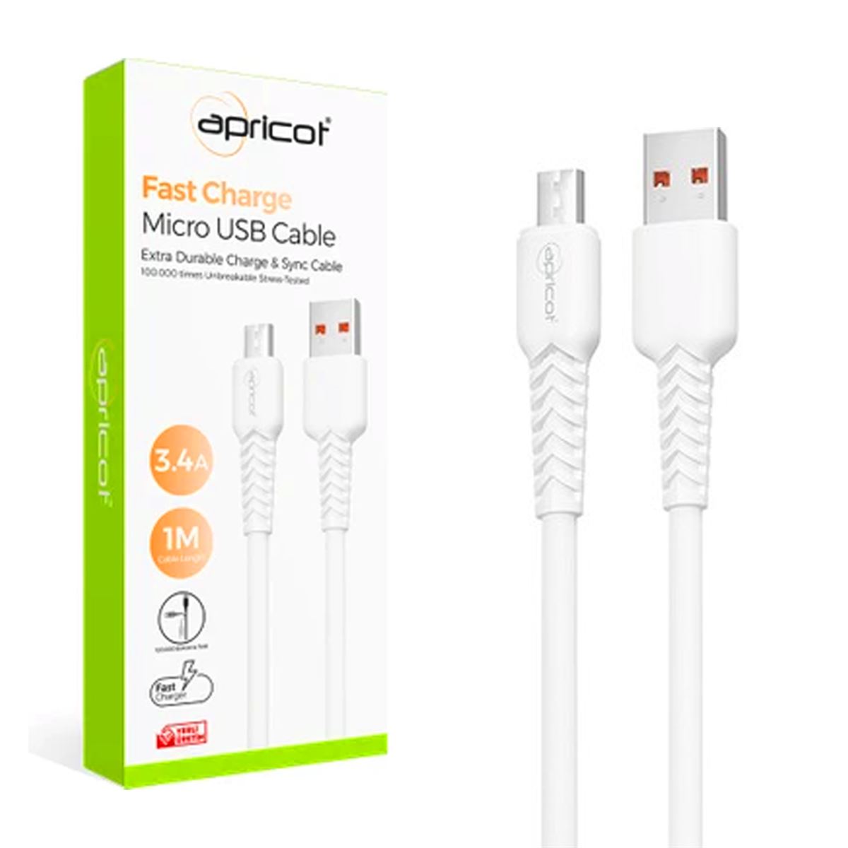 APRİCOT ŞARJ KABLOSU APC-A130M MİCRO USB BEYAZ 3.4A 1