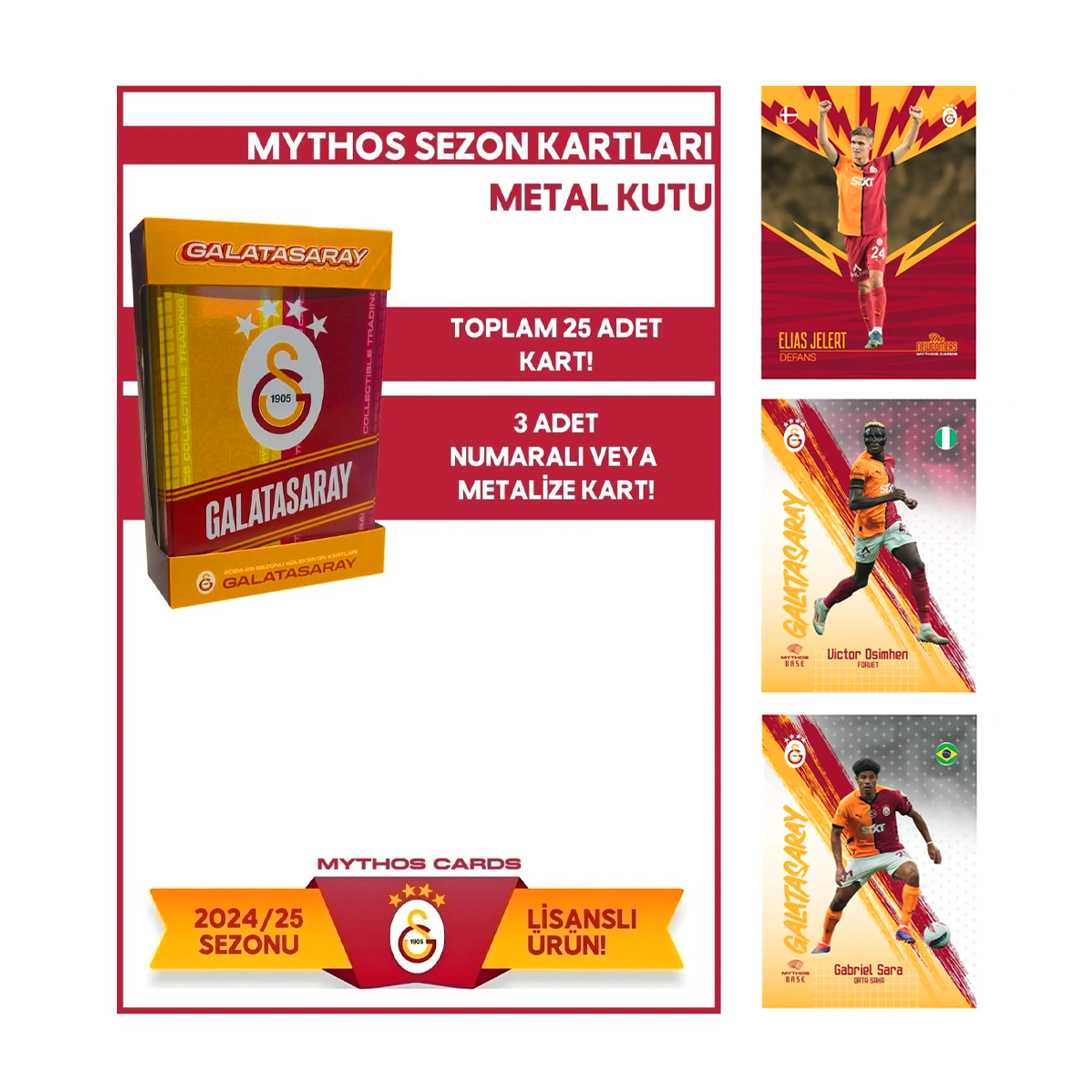 MYTHOS FUTBOLCU KARTLARI GALATASARAY 2024-25 SEZON KOLEKSİYON KARTLARI METAL KUTU 5 PAKET 25 KART 3+ 1