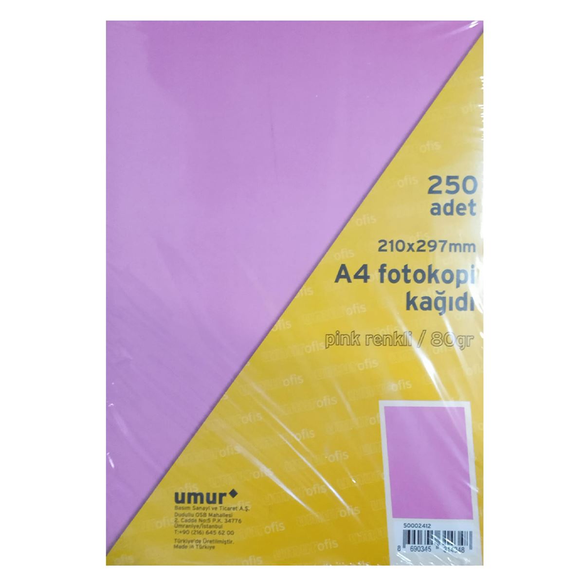 UMUR RENKLİ FOTOKOPİ KAĞIDI A4 PEMBE 80 GR 250 Lİ 50002412 1