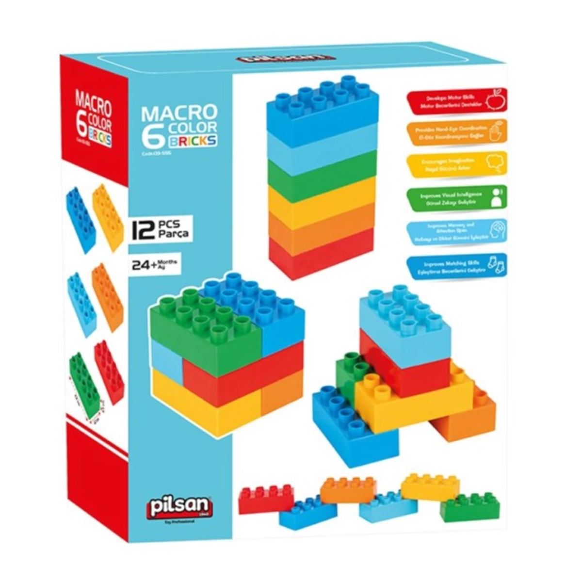 PİLSAN MACRO COLOR BRİCKS 03-555 6 RENKLİ TUĞLA BLOKLAR 12 PARÇA 24M+ 1