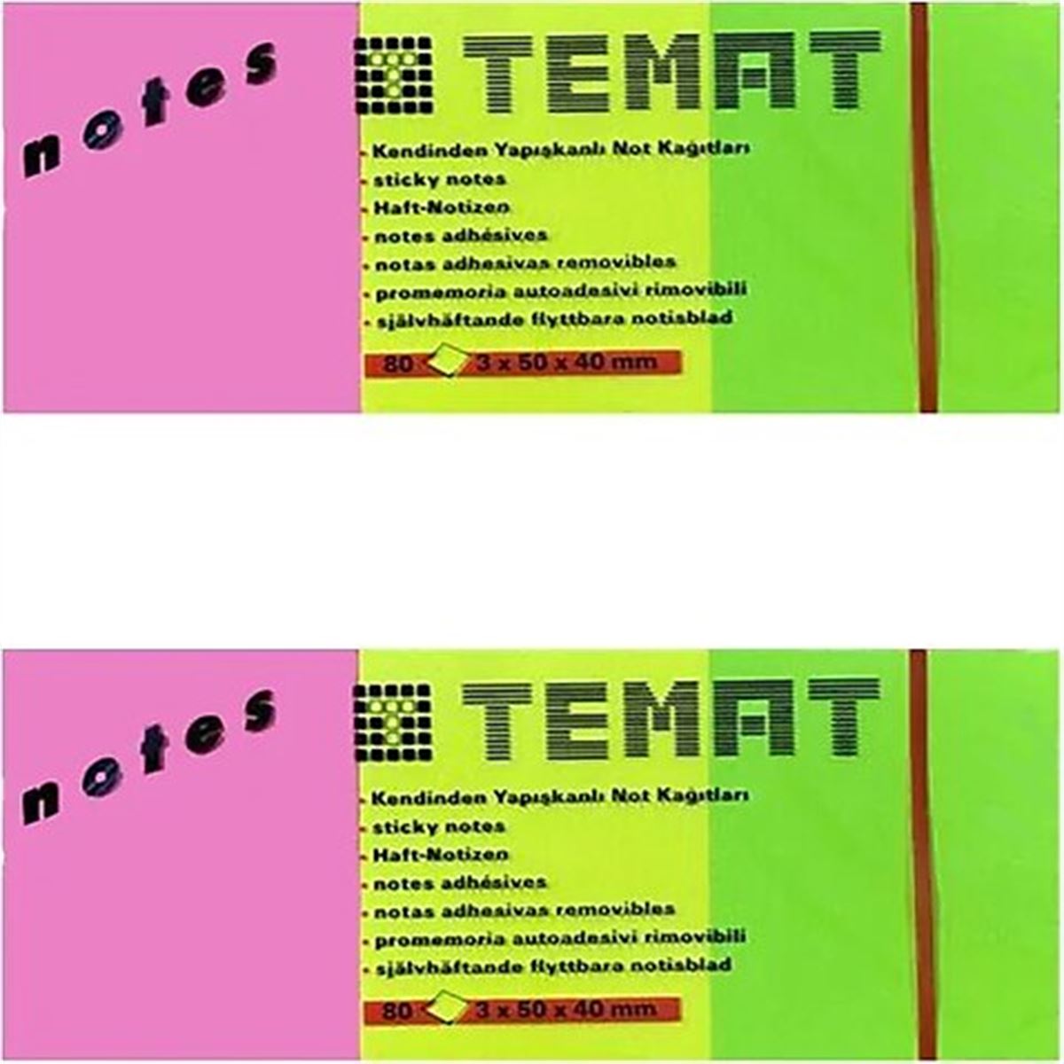 TEMAT YAPIŞKANLI NOT KAĞIDI 3x50x40 3 RENK 80 YP 4 LÜ PK 10770 1