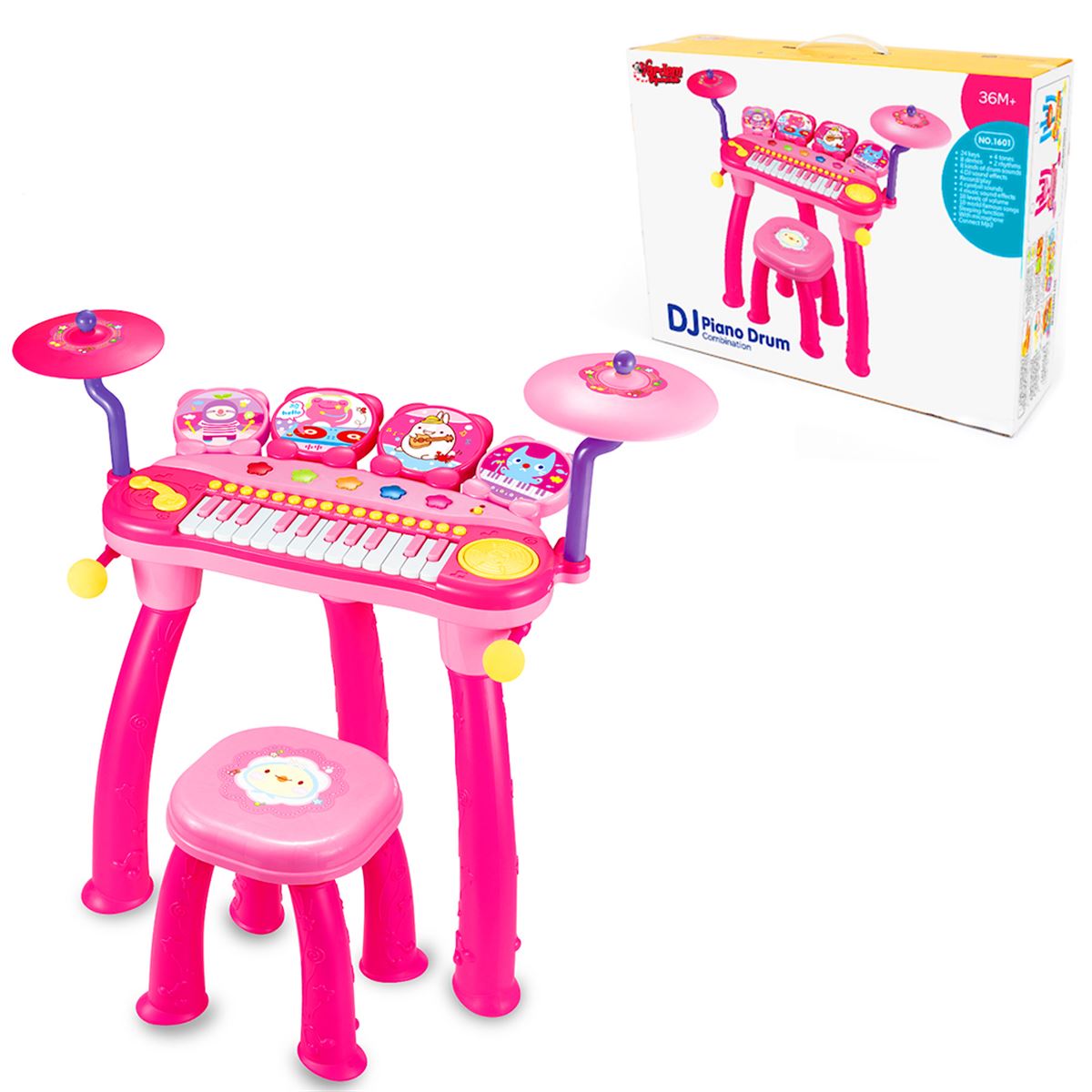 VARDEM DJ PİANO DRUM 1601 DJ PİYANO DAVUL SET MAVİ+PEMBE 24 TUŞ MP3+MİKROFON+TABURE 36M+ 1