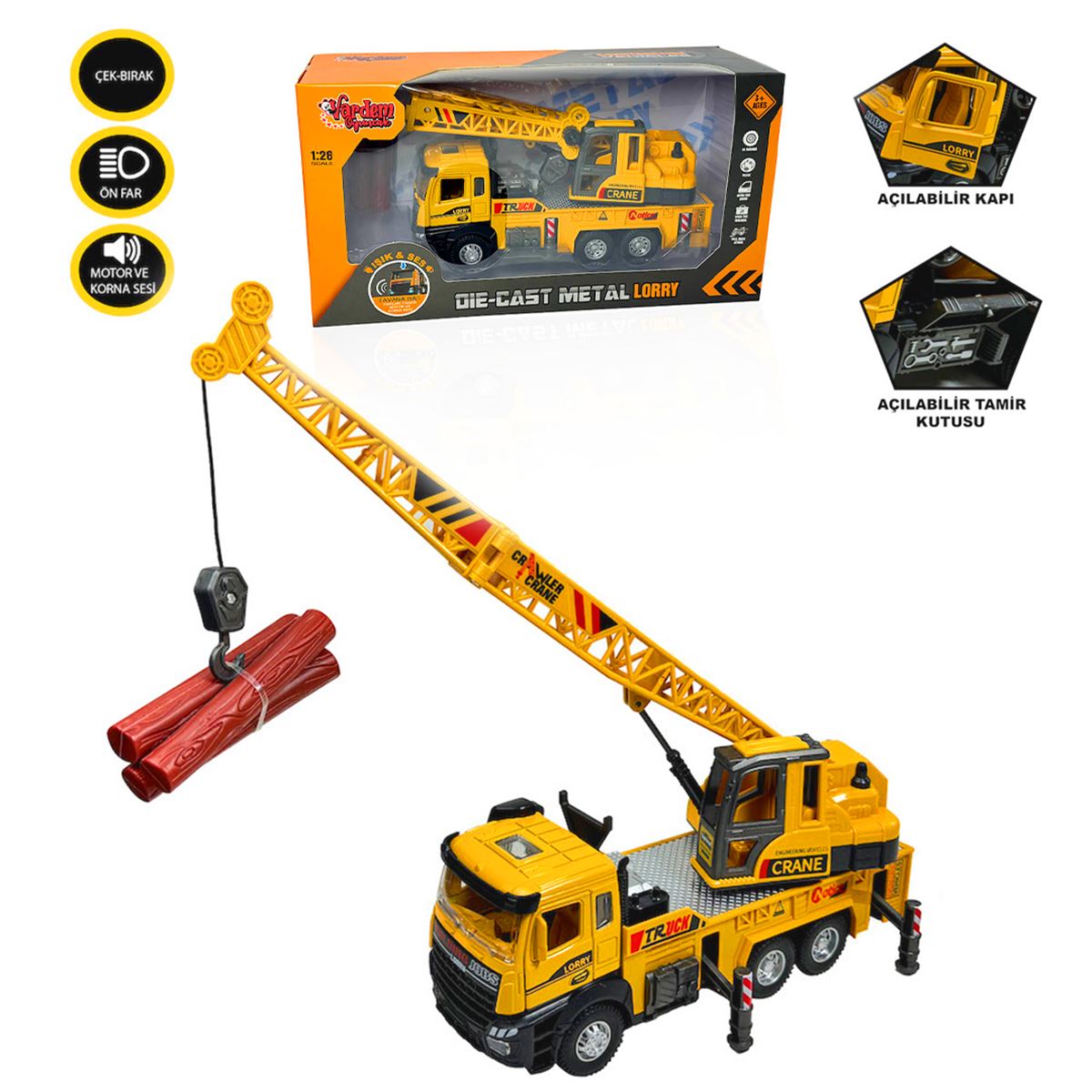 VARDEM ÇEK BIRAK İŞ MAKİNESİ XX992-02A KULE VİNÇ SESLİ IŞIKLI 1:28 3+ 1