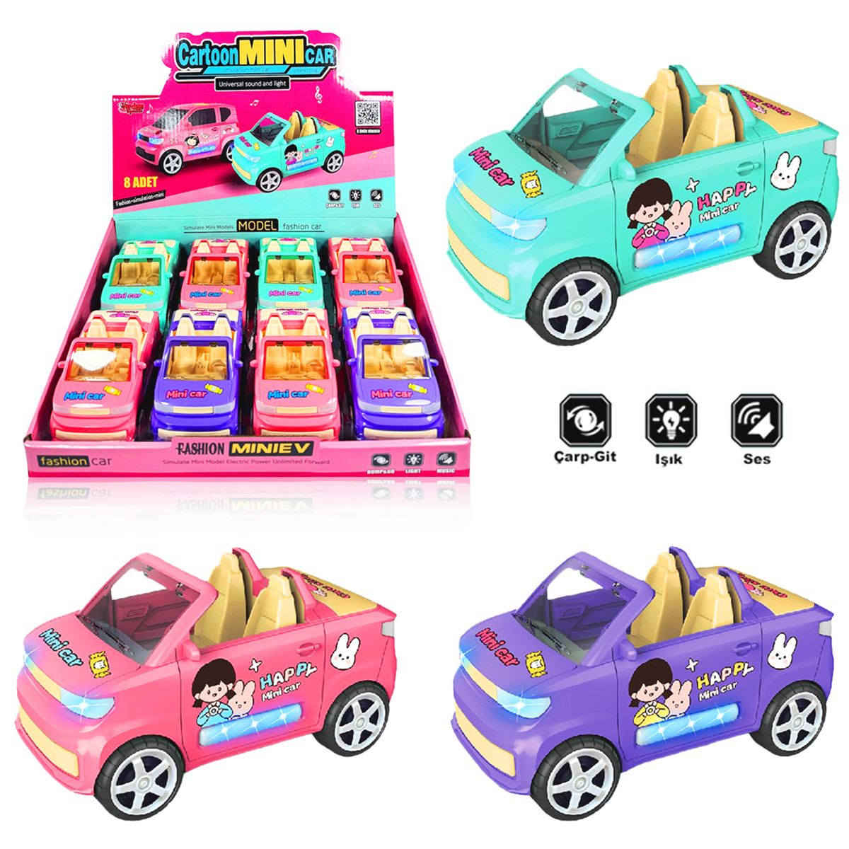 VARDEM ÇARP DÖN RENKLİ ÜSTÜ AÇIK ARABA ZR169-1 CARTOON MİNİ CAR SESLİ IŞIKLI 8 Lİ +18M 1