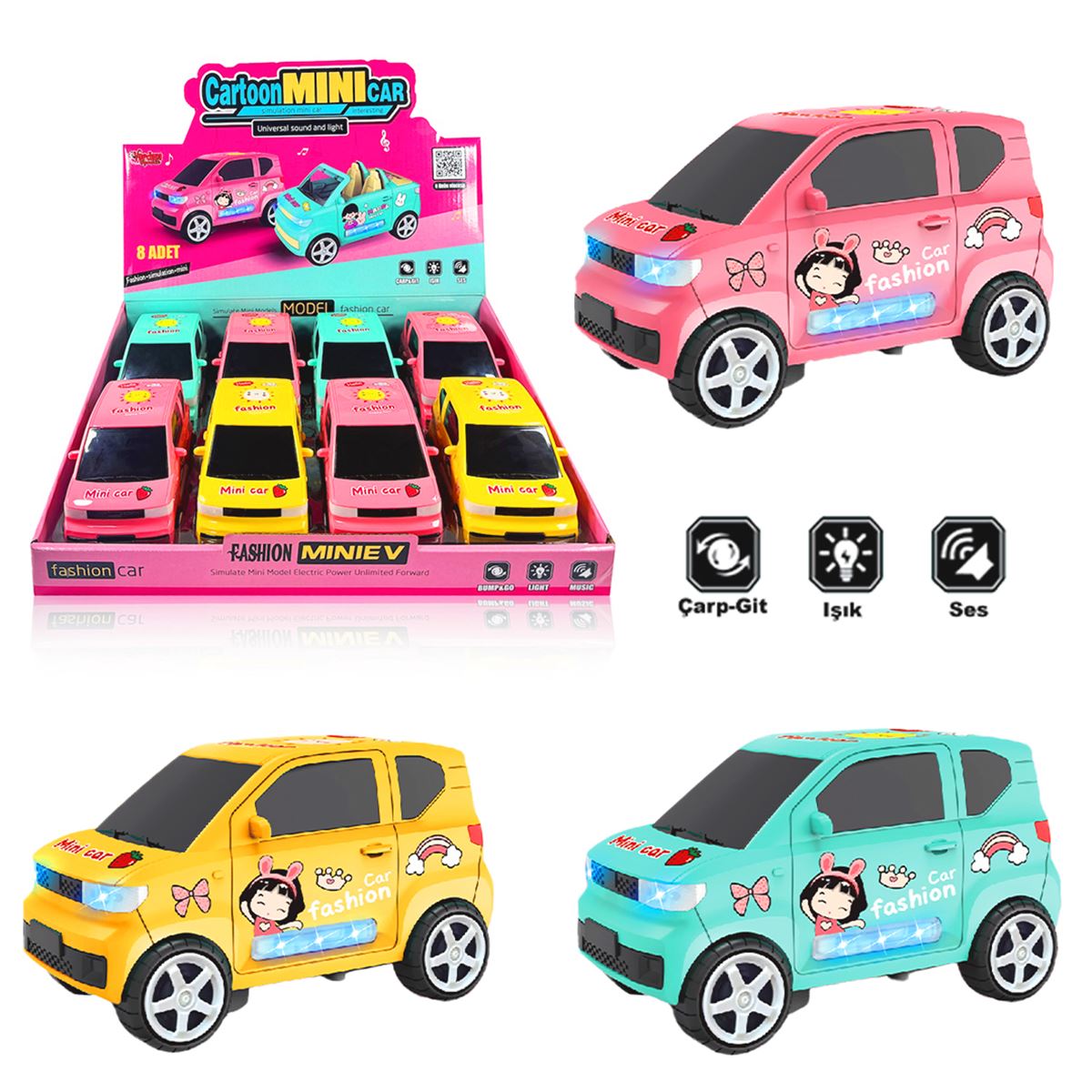 VARDEM ÇARP DÖN RENKLİ ARABA ZR169 CARTOON MİNİ CAR SESLİ IŞIKLI 8 Lİ +18M 1