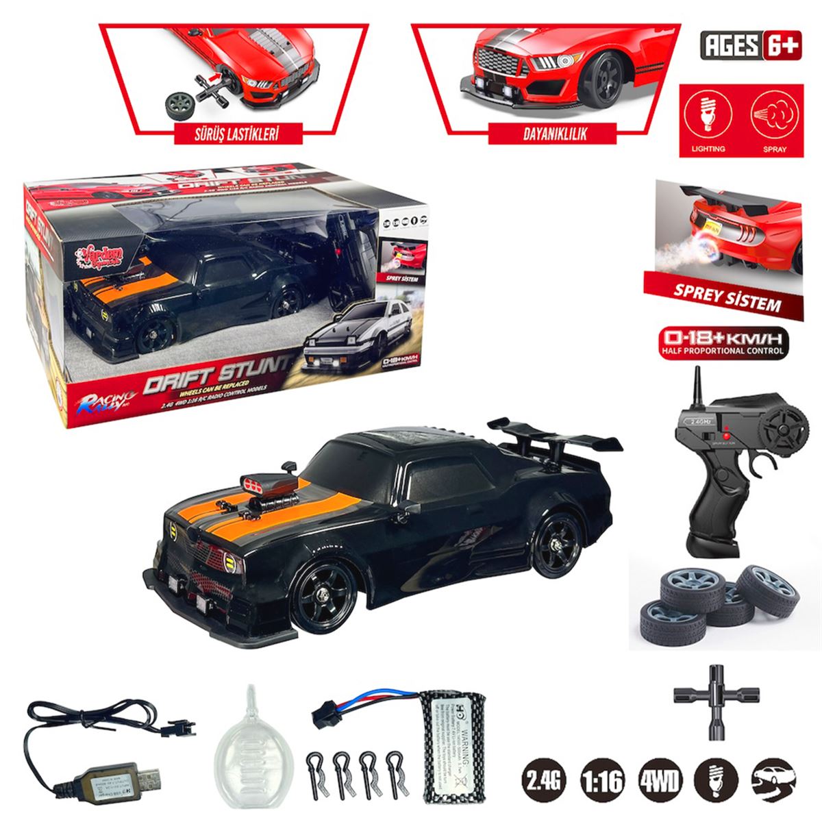 VARDEM UZAKTAN KUMANDALI DRİFT ARABA SC16A04 4X4 2.4G 4WD 1:16 R/C CHL IŞIKLI BUHARLI ŞARJLI 6+ 1