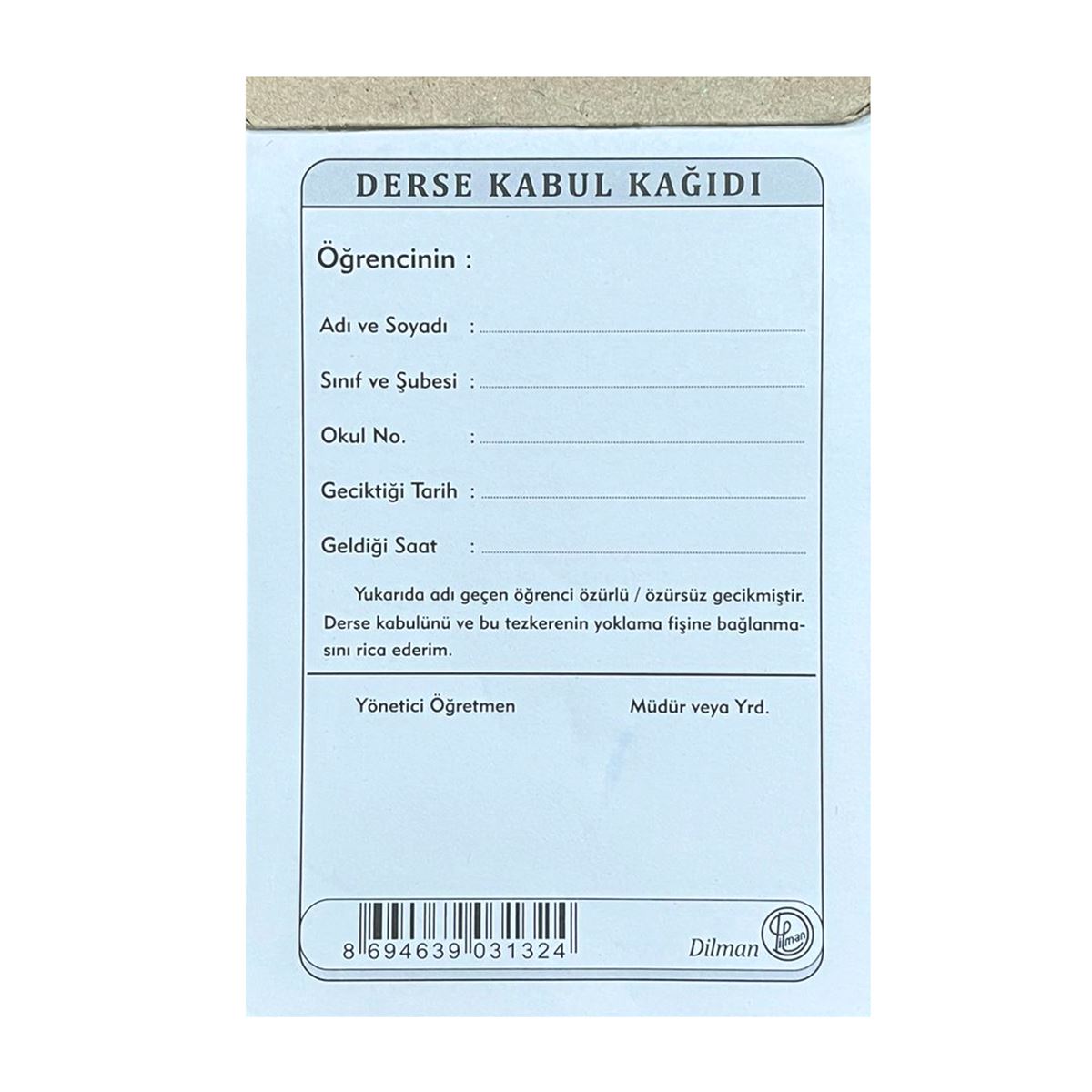 DİLMAN ÖĞRENCİ DERSE KABUL KAĞIDI 50 YP 2 NÜSHA OTOKOPİLİ 12 Lİ 1