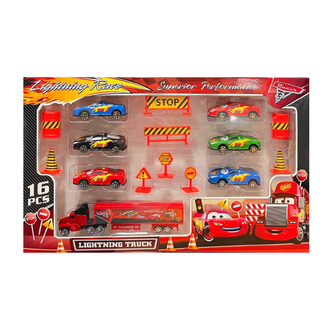TOYSAN LİGHTNİN RACER TIR SETİ TOY-49 TRAFİK LEVHALI 6 ADET METAL ARABA 16 PARÇA 3+ 1