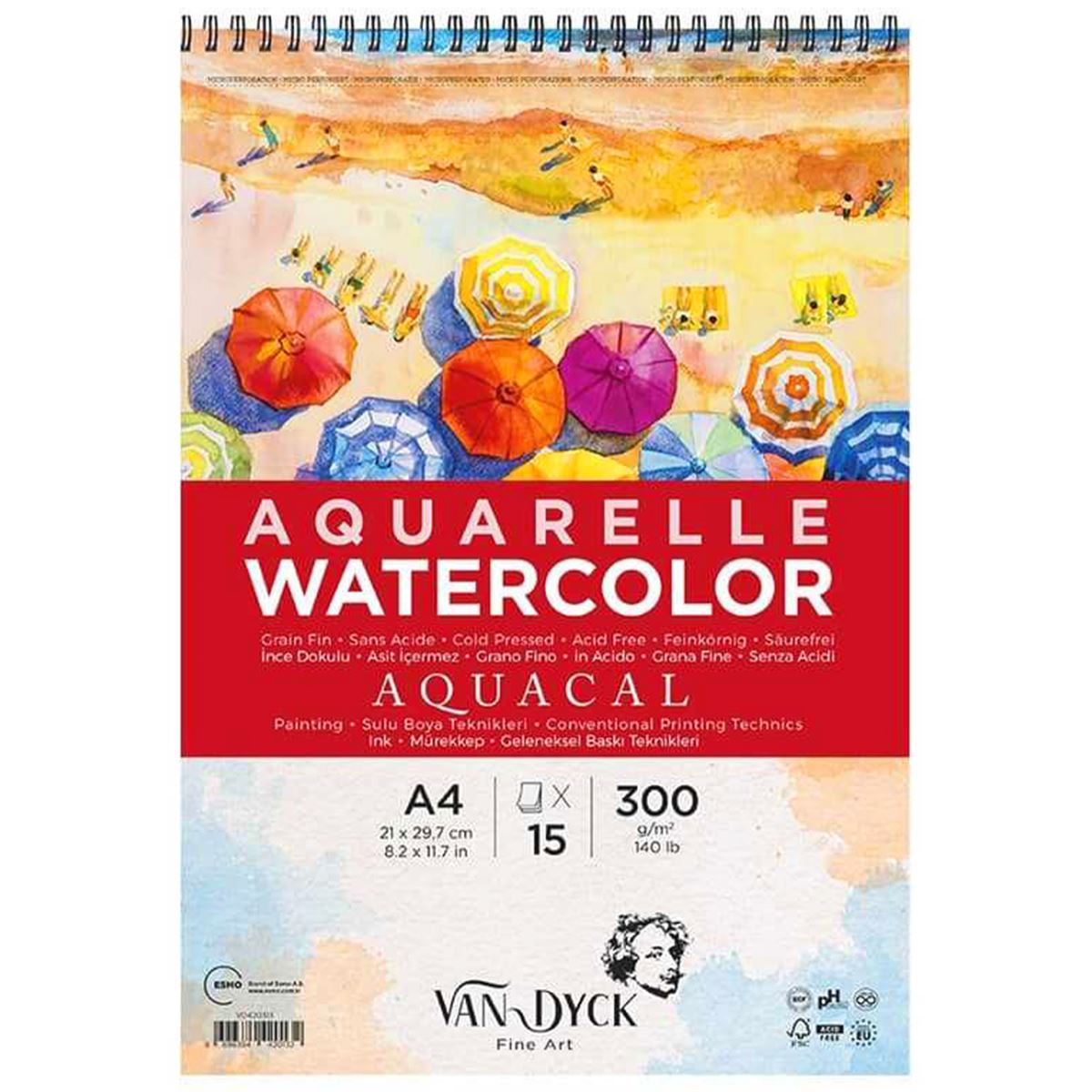 VAN DYCK SULU BOYA RESİM DEFTERİ A4 ÜSTTEN SPİRALLİ 300 GR AQUACAL 15 YP VD420313 1