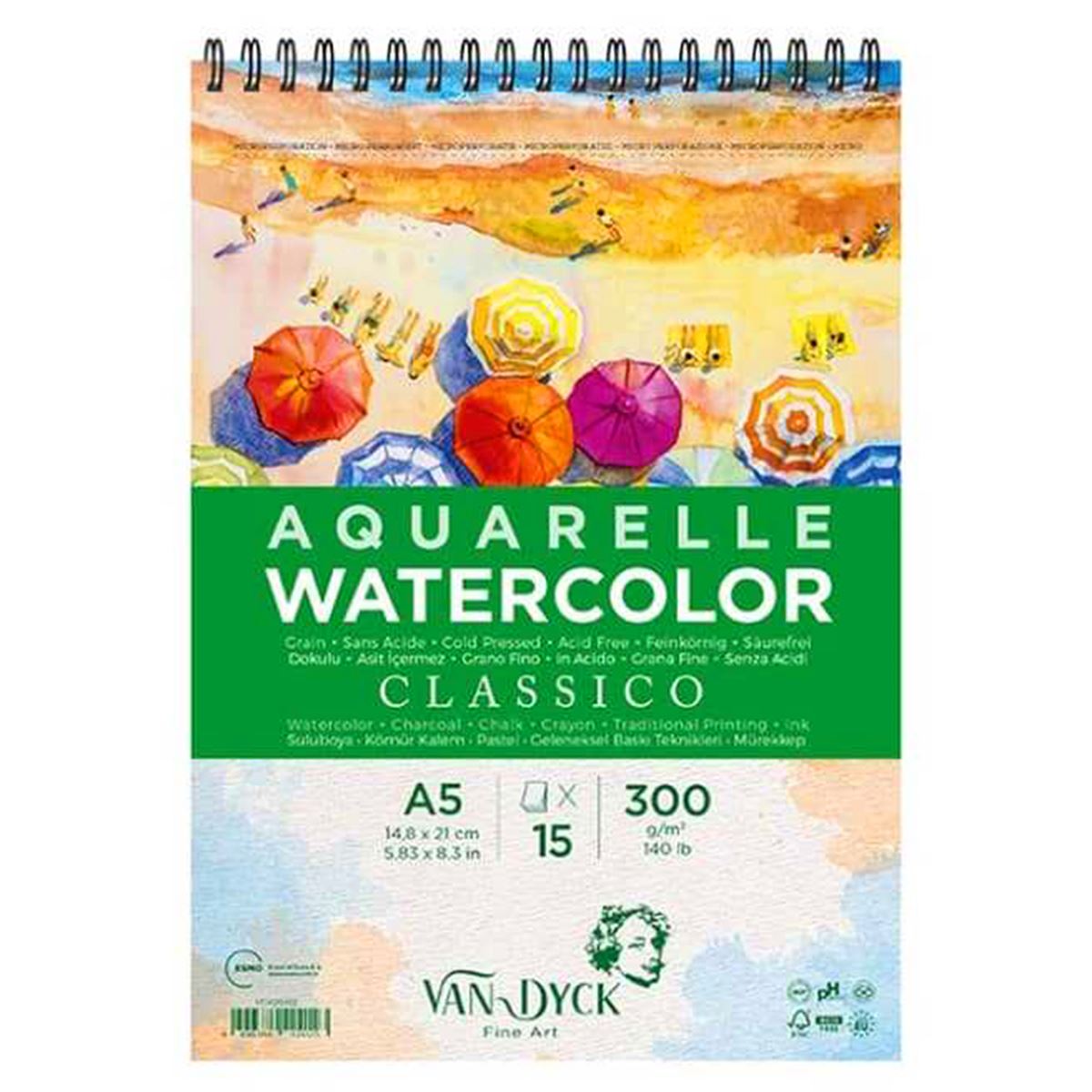 VAN DYCK SULU BOYA RESİM DEFTERİ A5 ÜSTTEN SPİRALLİ 300 GR CLASSİCO 15 YP VD420412 1